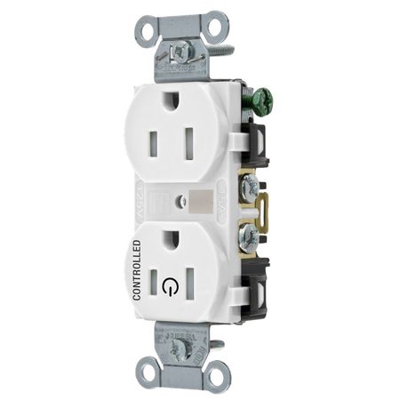 HUBBELL WIRING DEVICE-KELLEMS Straight Blade Devices, Receptacles, Duplex, 1/2 Load Controlled, 15A, 125V, 2 Pole, 3 Wire Grounding, Back and Side Wired, White BR15C1WHITR